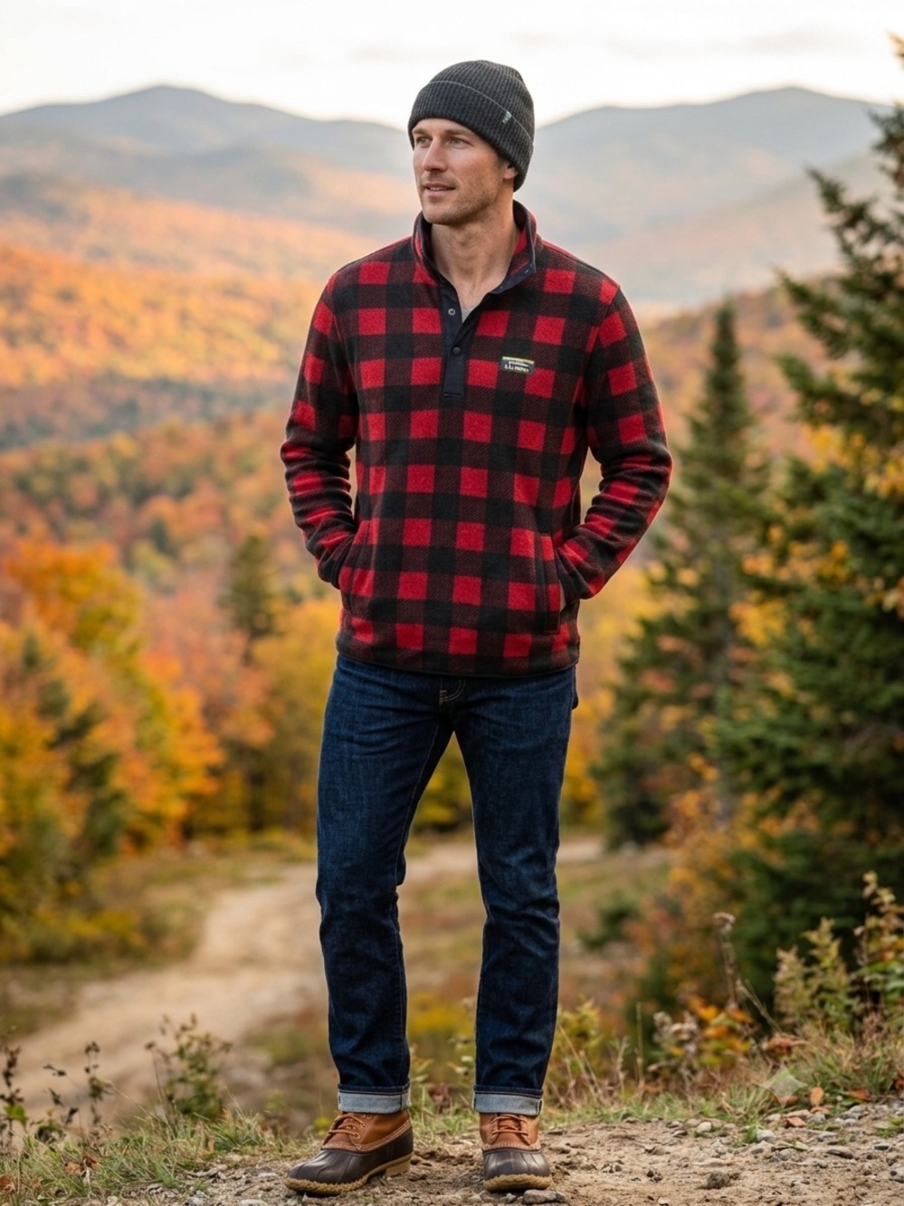 NWOT L.L. Bean Men’s Sweater Fleece Snap Pullover Medium Buffalo Plaid Red Black